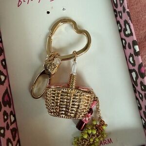 Betsy Johnson Gold Heart Keychain with Woven Basket Charm and Pink Accents